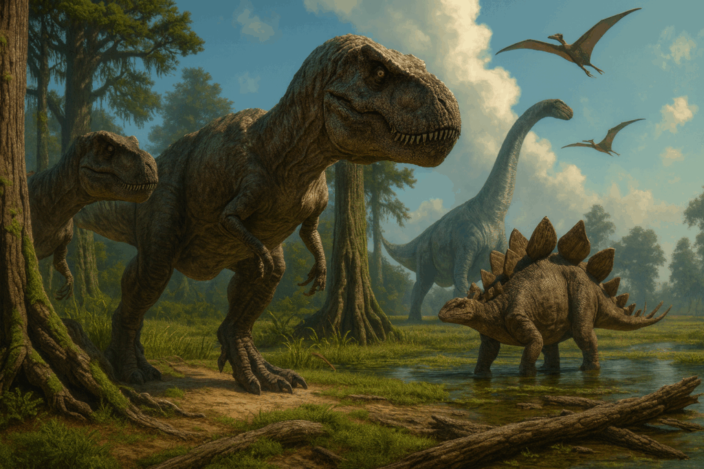 Reconstrução artística de dinossauros – mistérios da paleontologia.