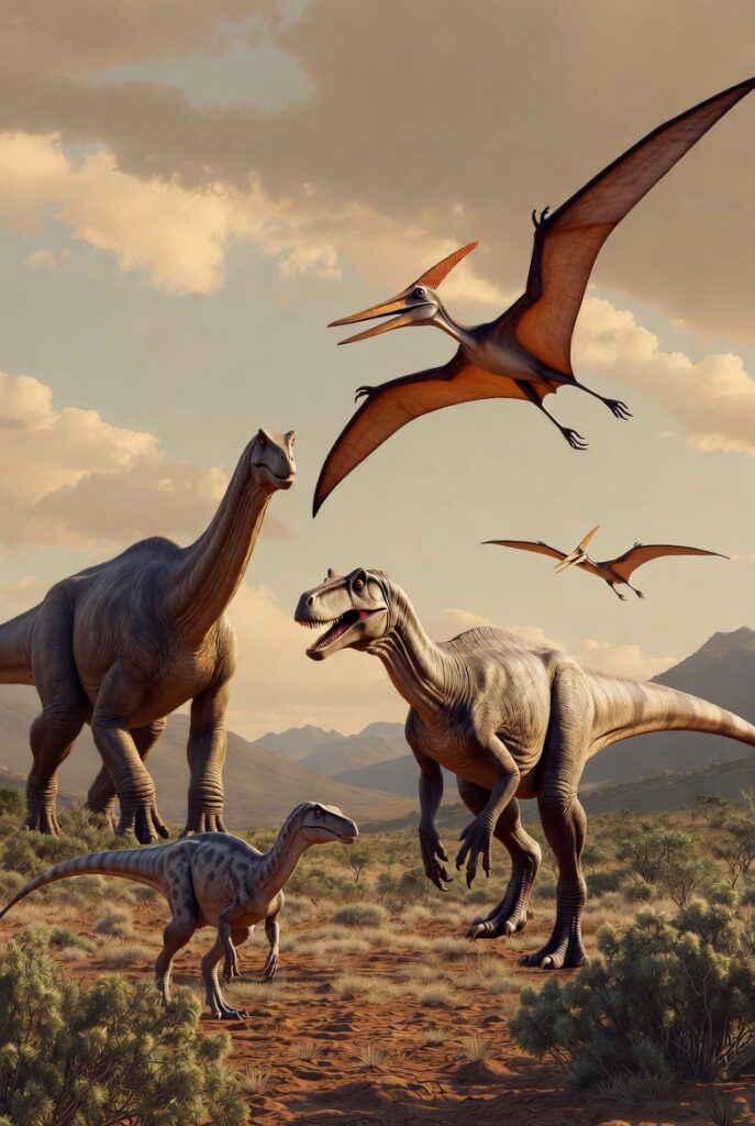 ilustração com vários dinossauros brasileiros e pterossauros em uma paisagem pré-histórica